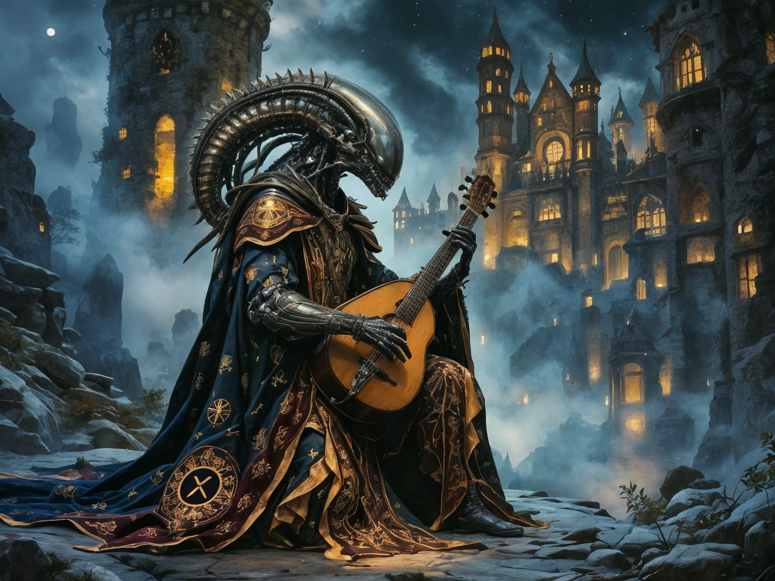 Cyborg Xenomorph Bard in Medieval Setting