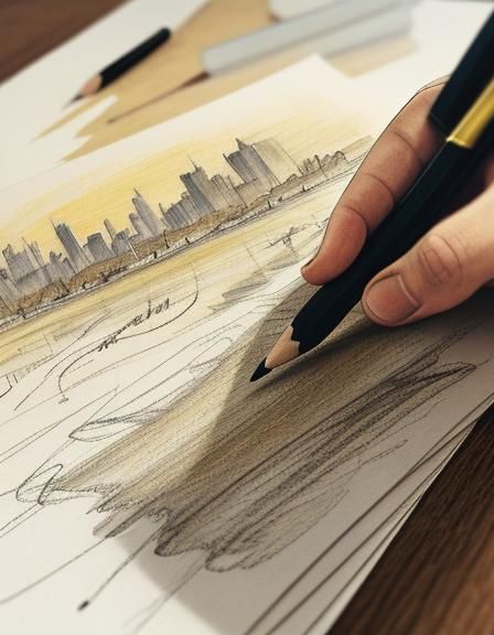 Impressionist Sketch of Cityscape with Artist's Hand