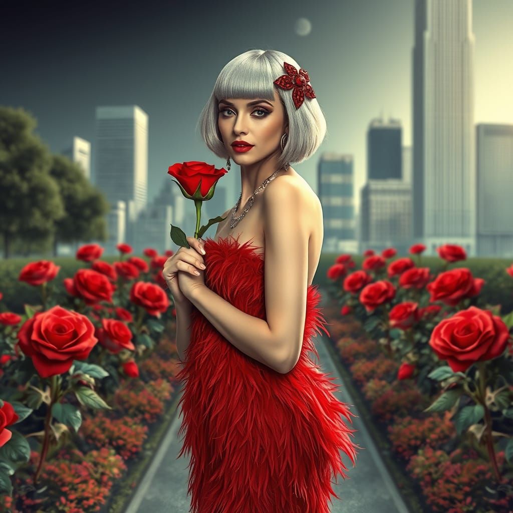 Elegant Art Deco Woman in Red Feathered Dress with Rose and ...