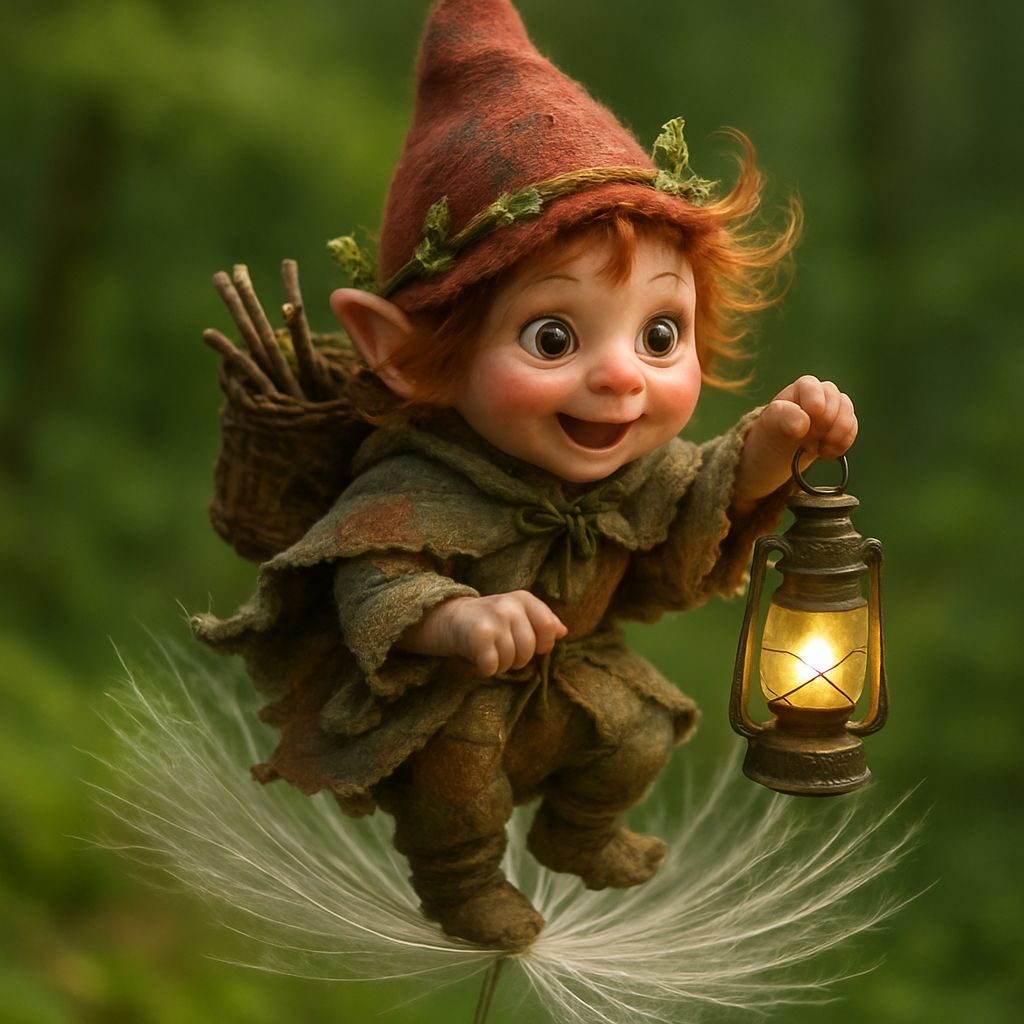 Gnome Rides Pappus with Lantern in Mossy Forest