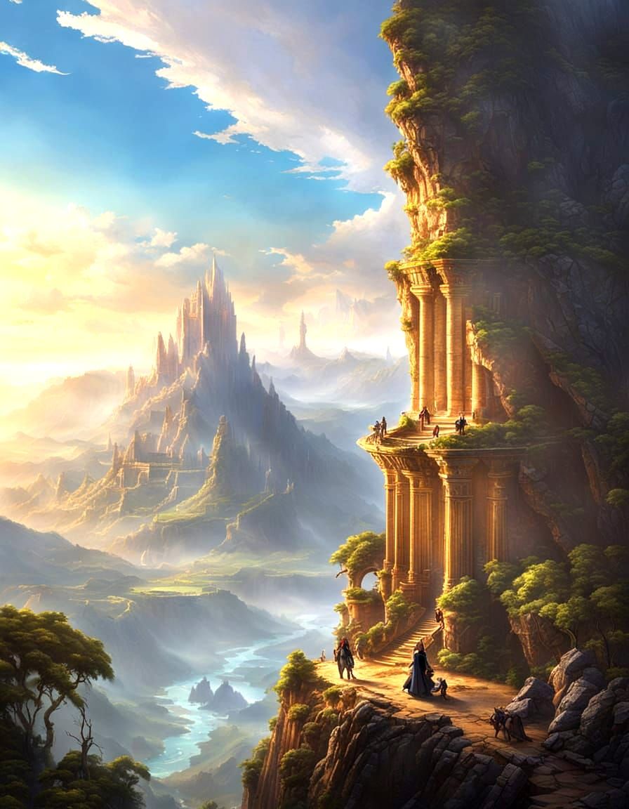 Adventurers Overlook Dragon in High Fantasy Landscape