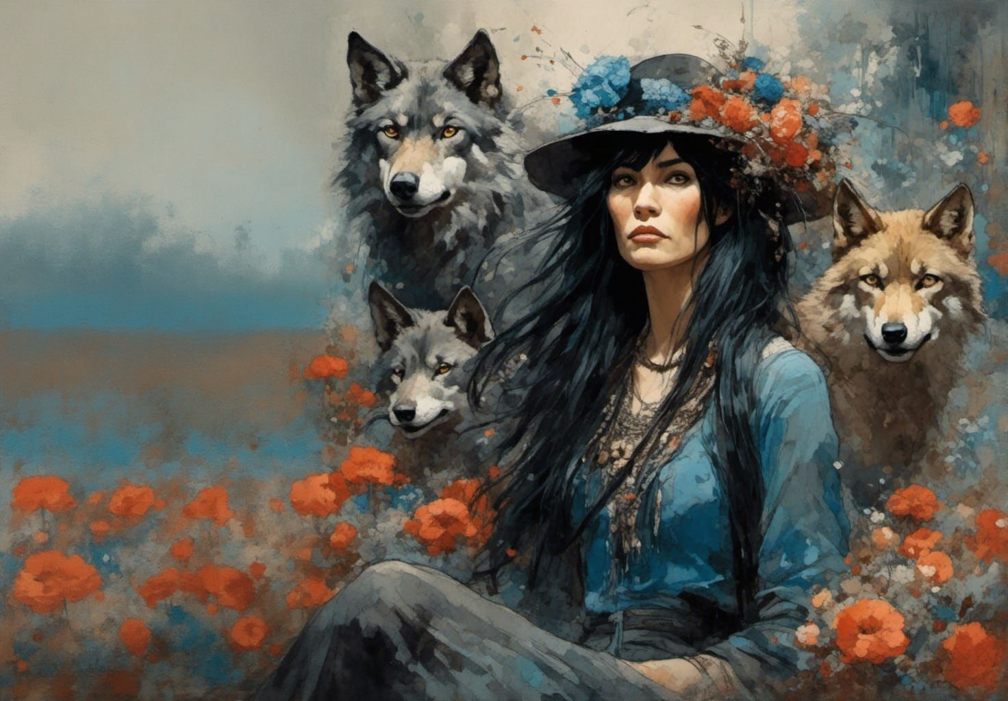 Gothic Punk Portrait with Wolves in Impasto Style
