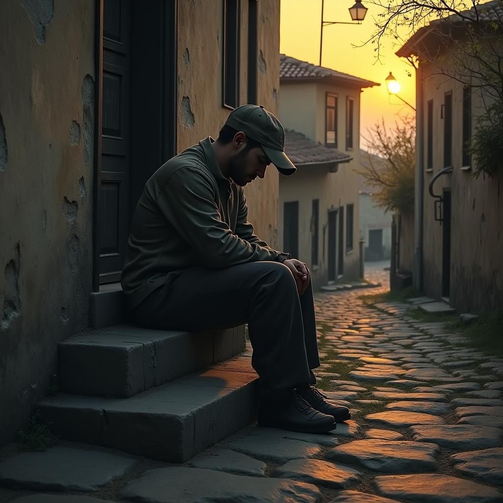 Melancholic Man in Townscape, Hockney Inspired Digital Art