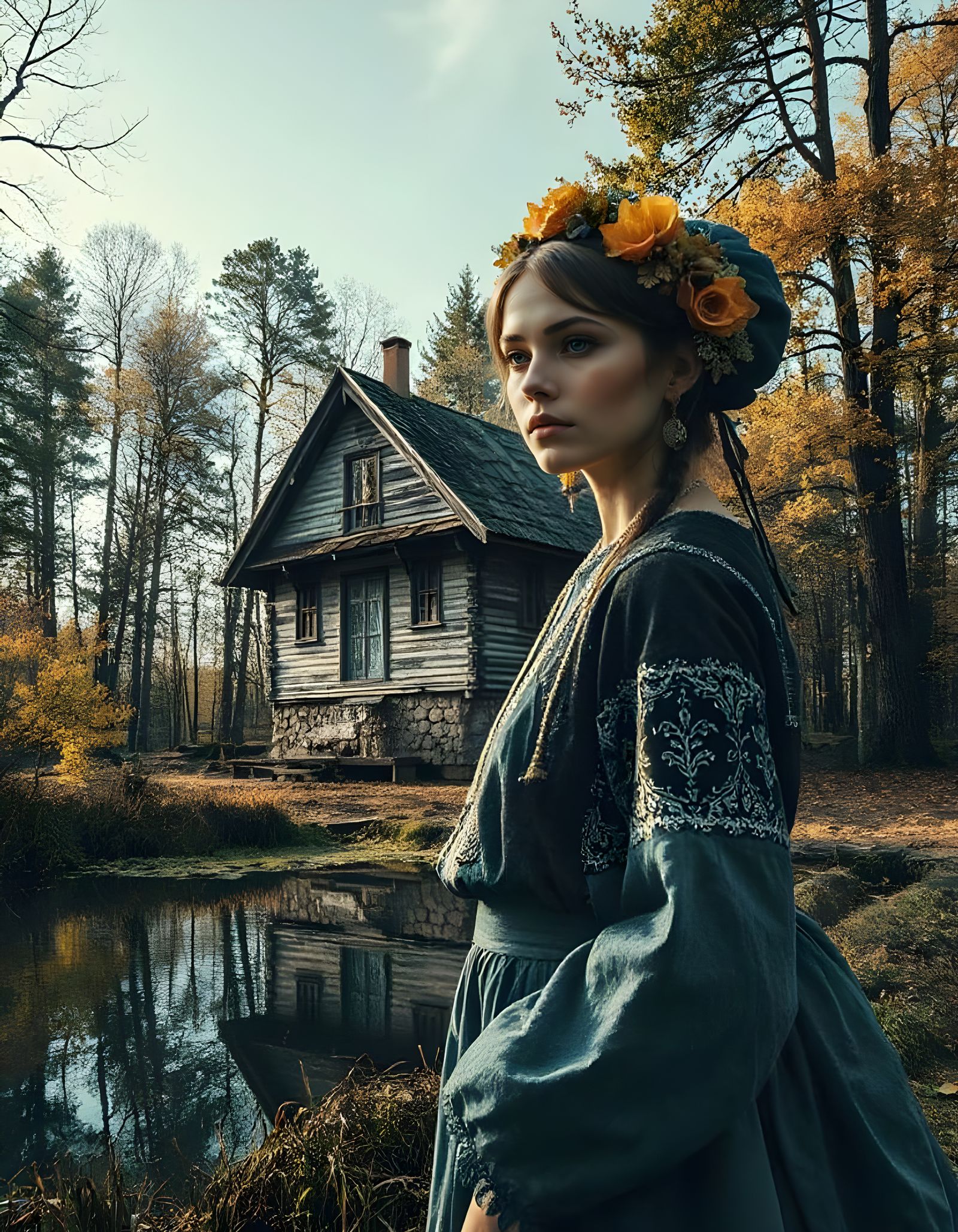 Ukrainian Folk Beauty Silhouetted by a Wooden House in the F...