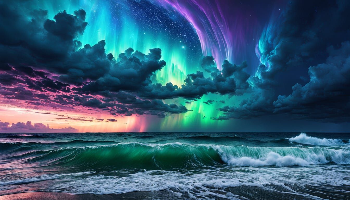 Cosmic Nebula Symphony Over Stormy Sea