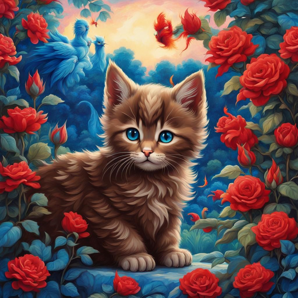 Chocolate Kitten and Phoenix in Blue Rose Garden