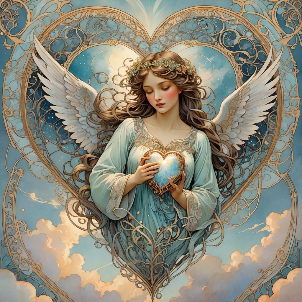 Angel Wings Embrace Heart in Art Nouveau Style