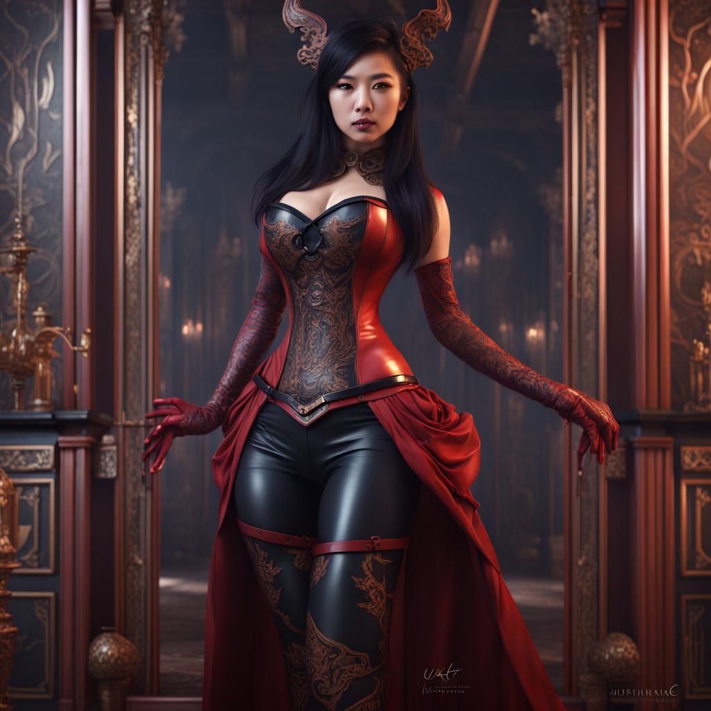 Asian Mistress in Latex: Detailed Digital Painting