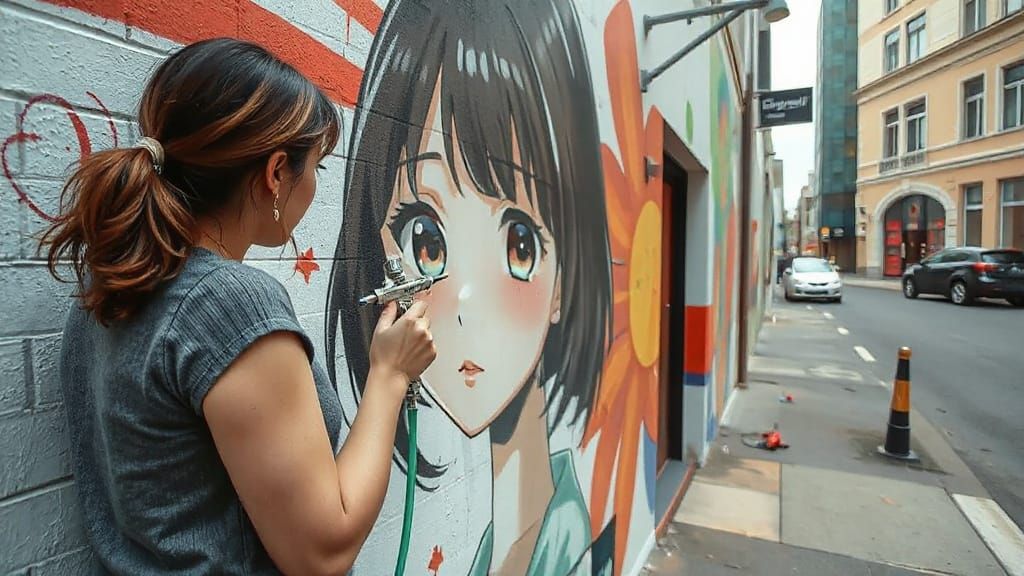 Anime Mural Street Art in Urban Photography Style