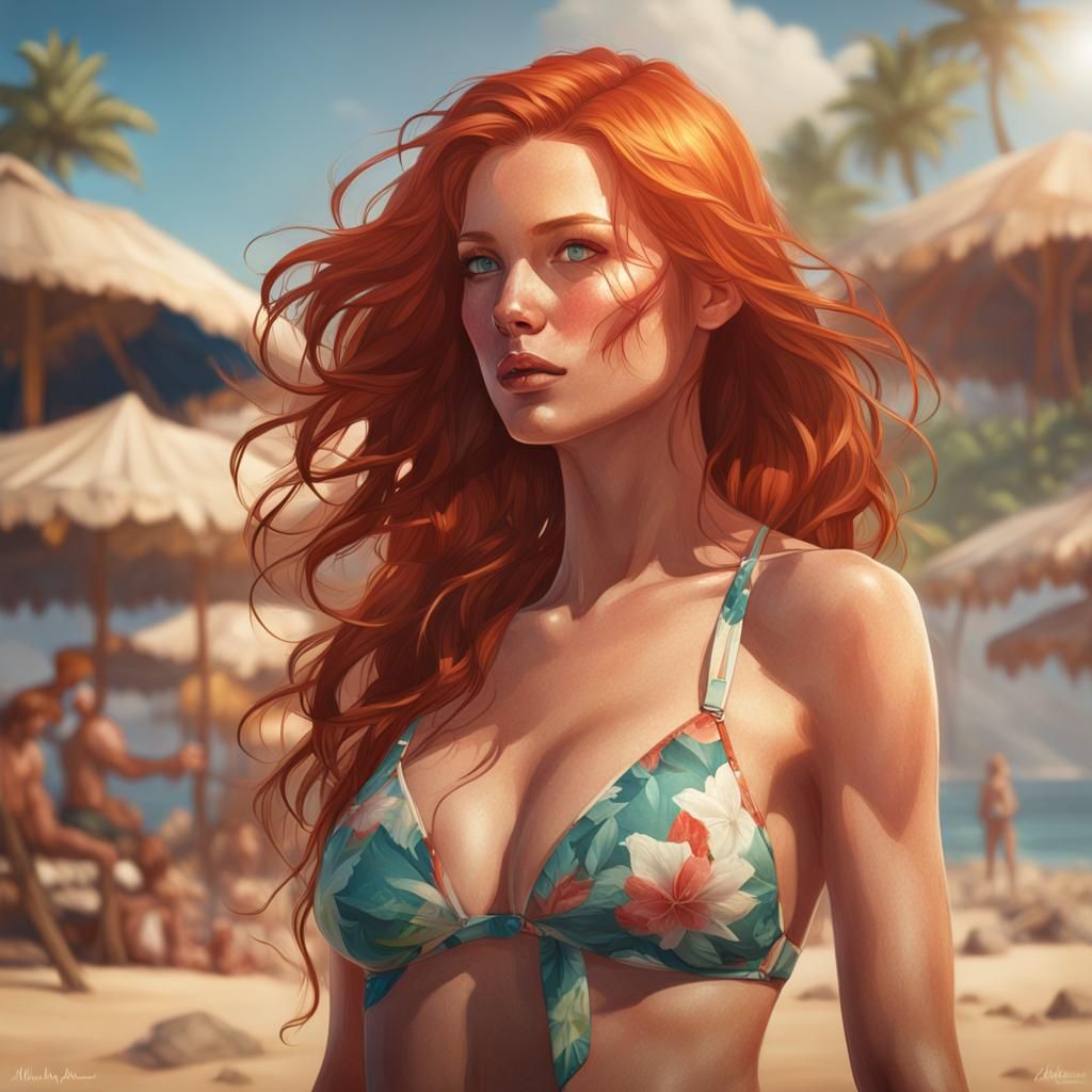 Redhead Portrait on Beach in Artgerm Style