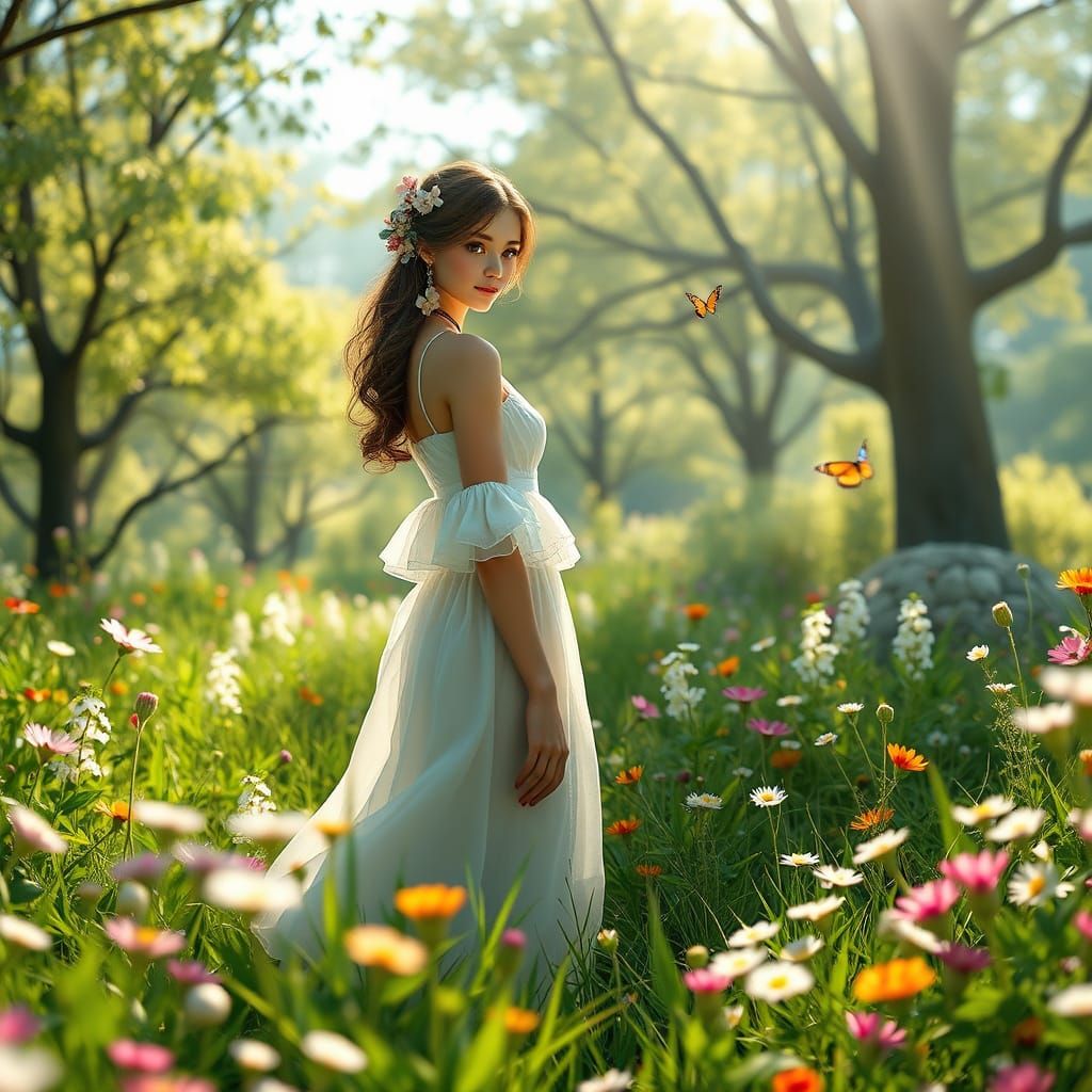 Vibrant Spring Goddess in a Flourishing Meadow