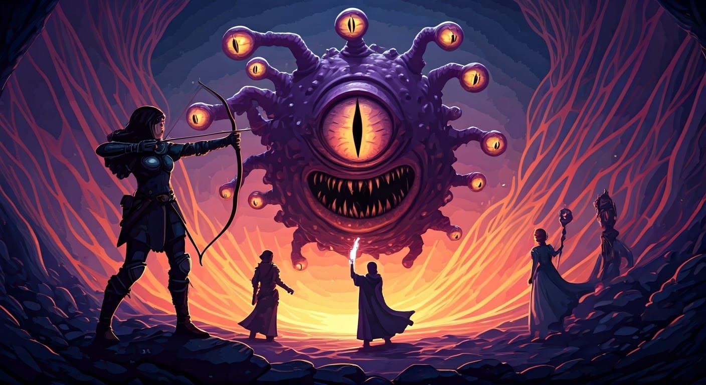 Adventurers Battle Beholder in Colorful Vector Art
