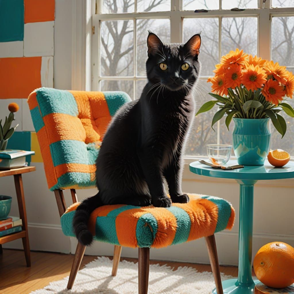 Whimsical Kitten in a Bright Citrus Hues Mid-Century Scene