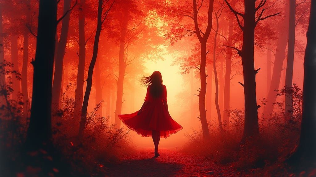 Red Riding Hood Silhouette in Watercolor Sunset Forest