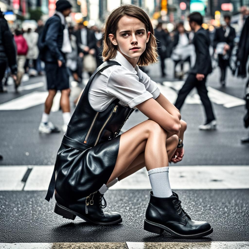 Hyperrealistic Emma Watson at Shibuya Crossing