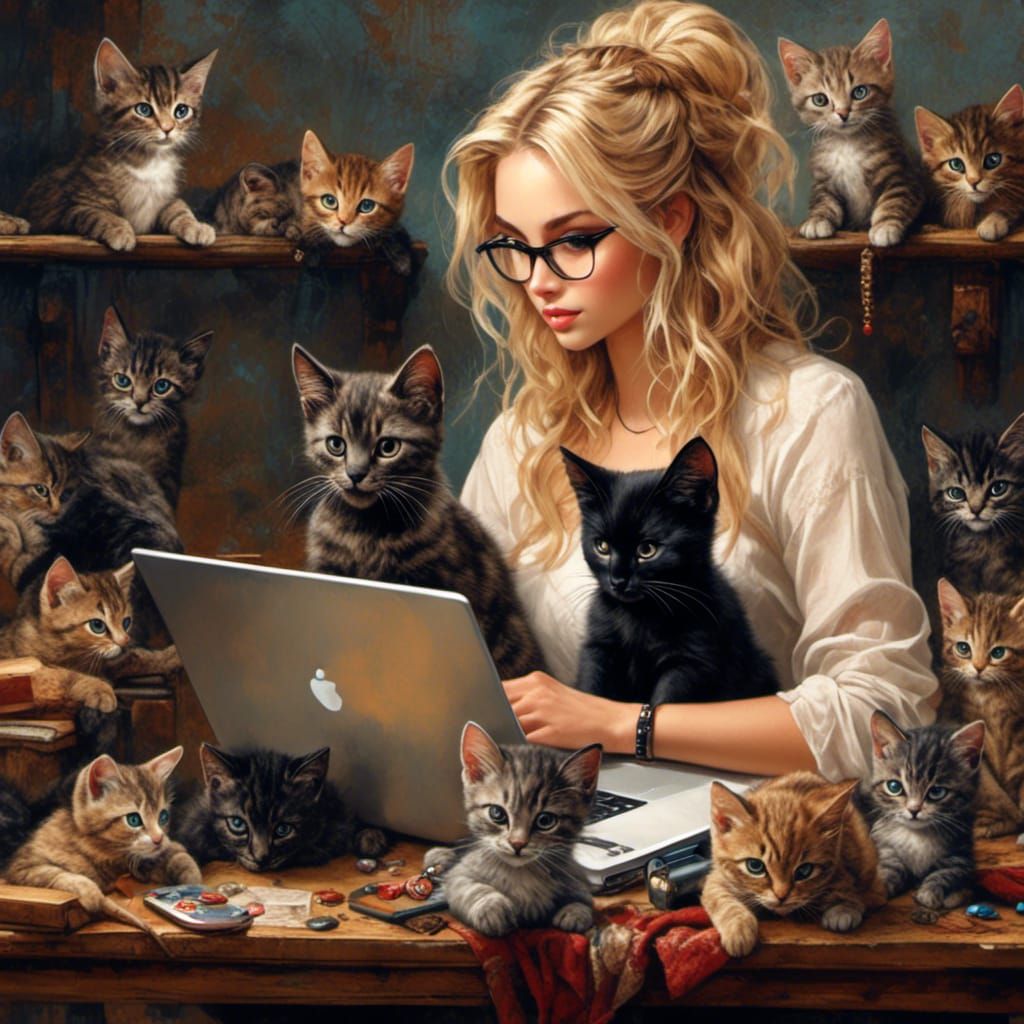 Woman with Kittens in Watercolor Style