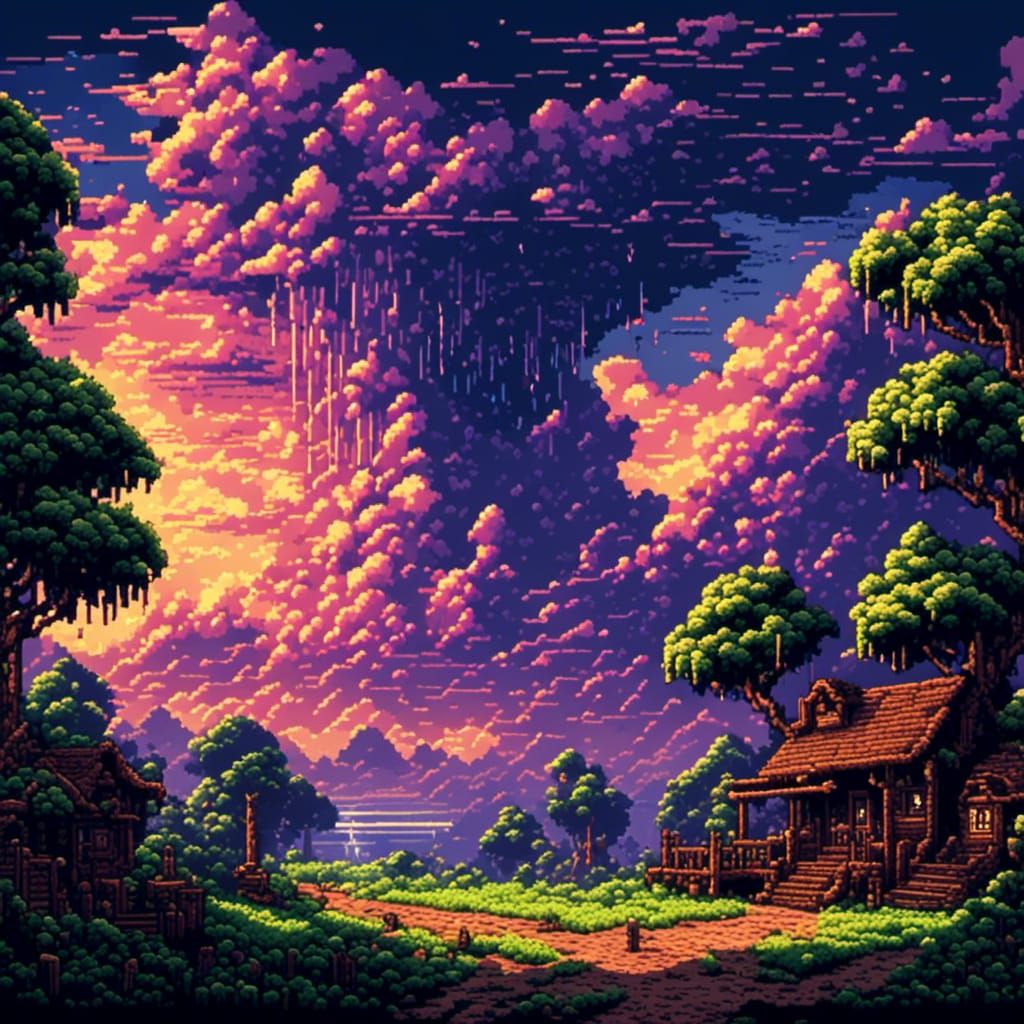 8-bit Pixel Art Stormy Sky with Lightning