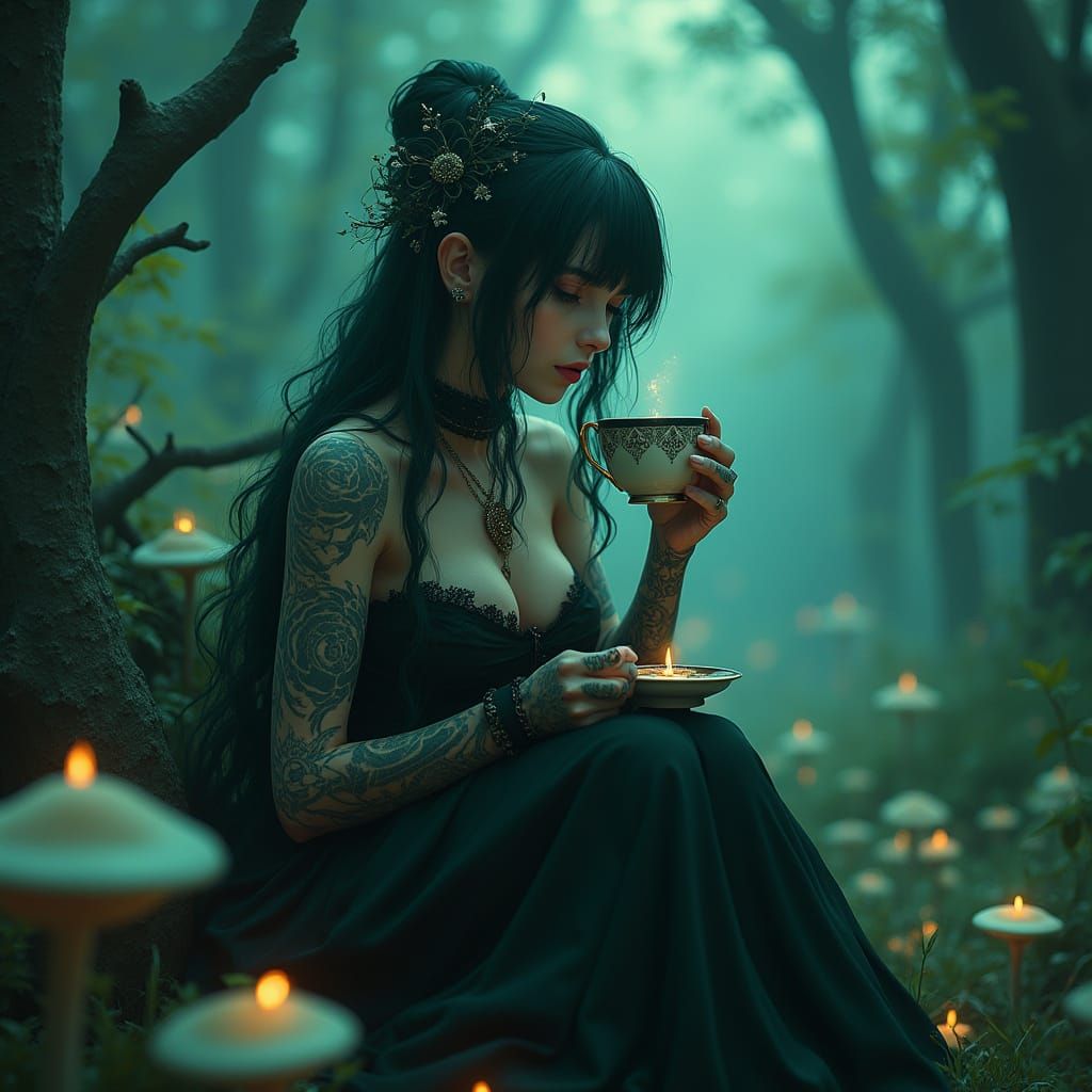 Gothic Spirit Woman Enchants in Emerald Forest