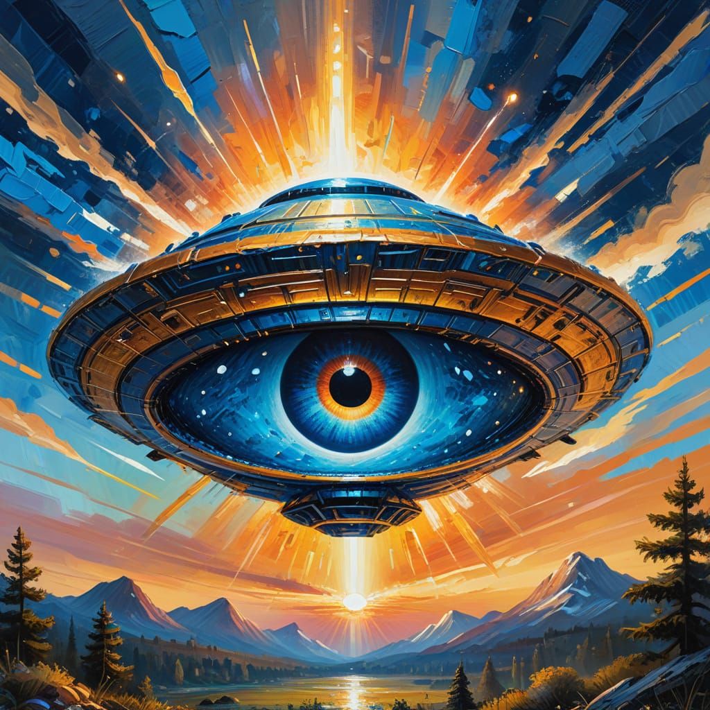 UFO Eye in the Sky: Gouache Impasto Masterpiece