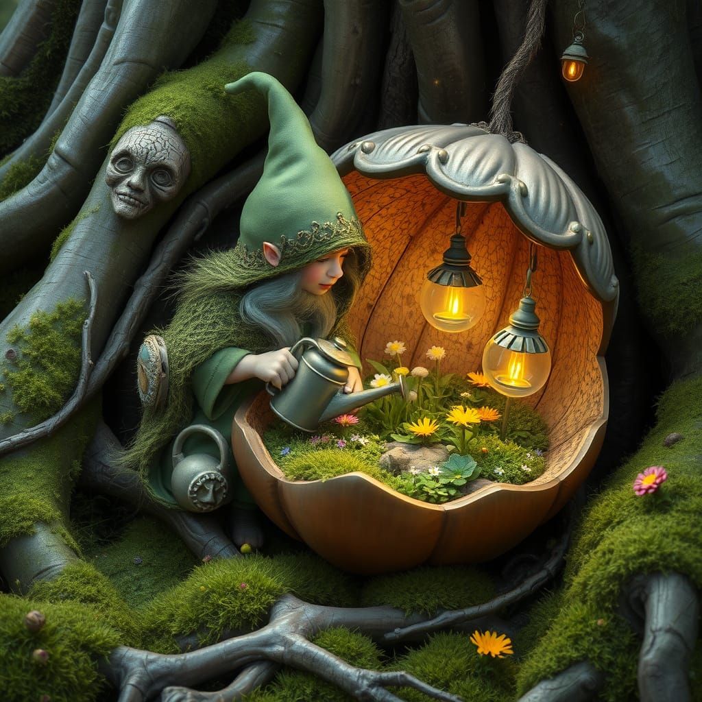 Gnome's Miniature Acorn Garden in Fantasy Art Style