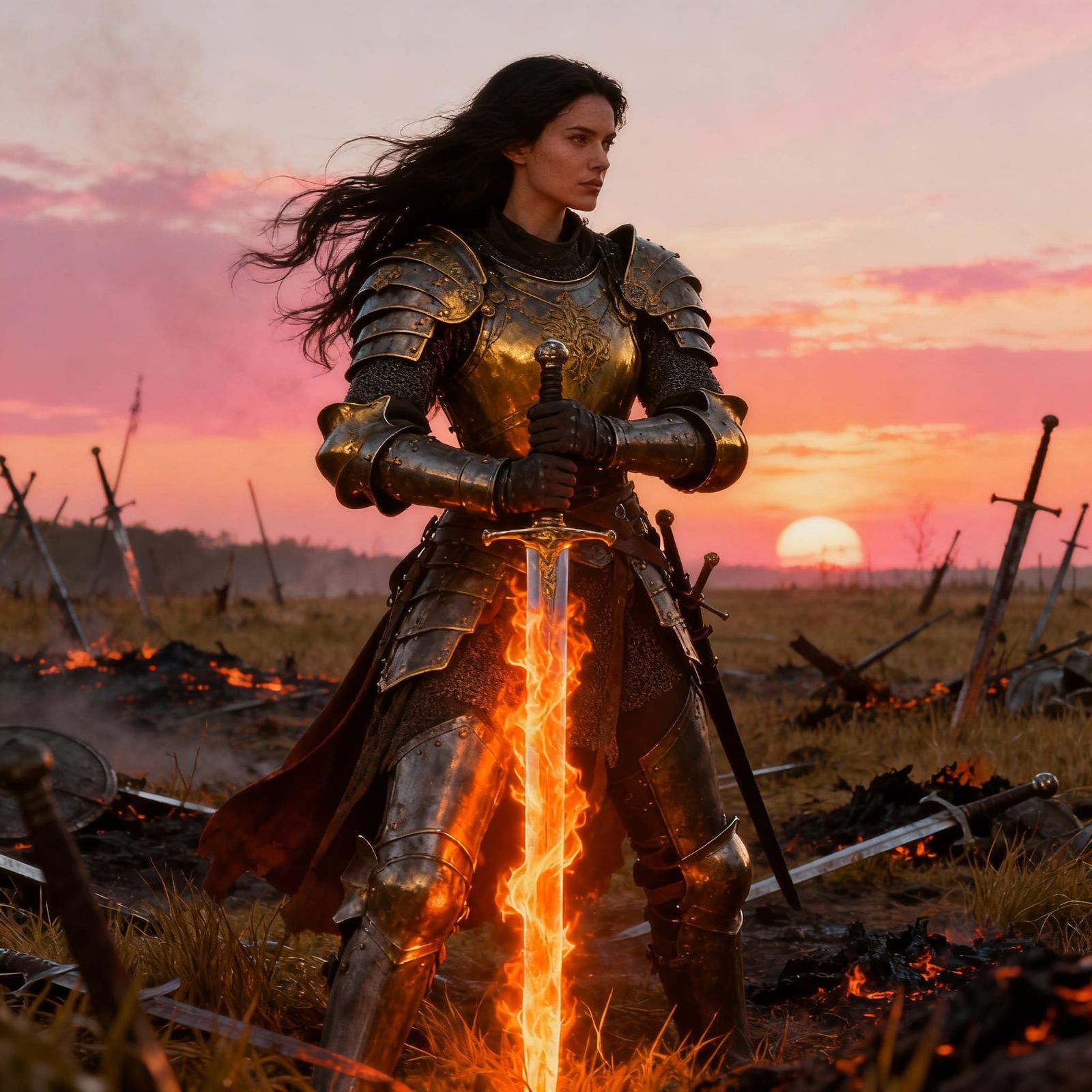 Warrior with Flaming Sword at Sunset