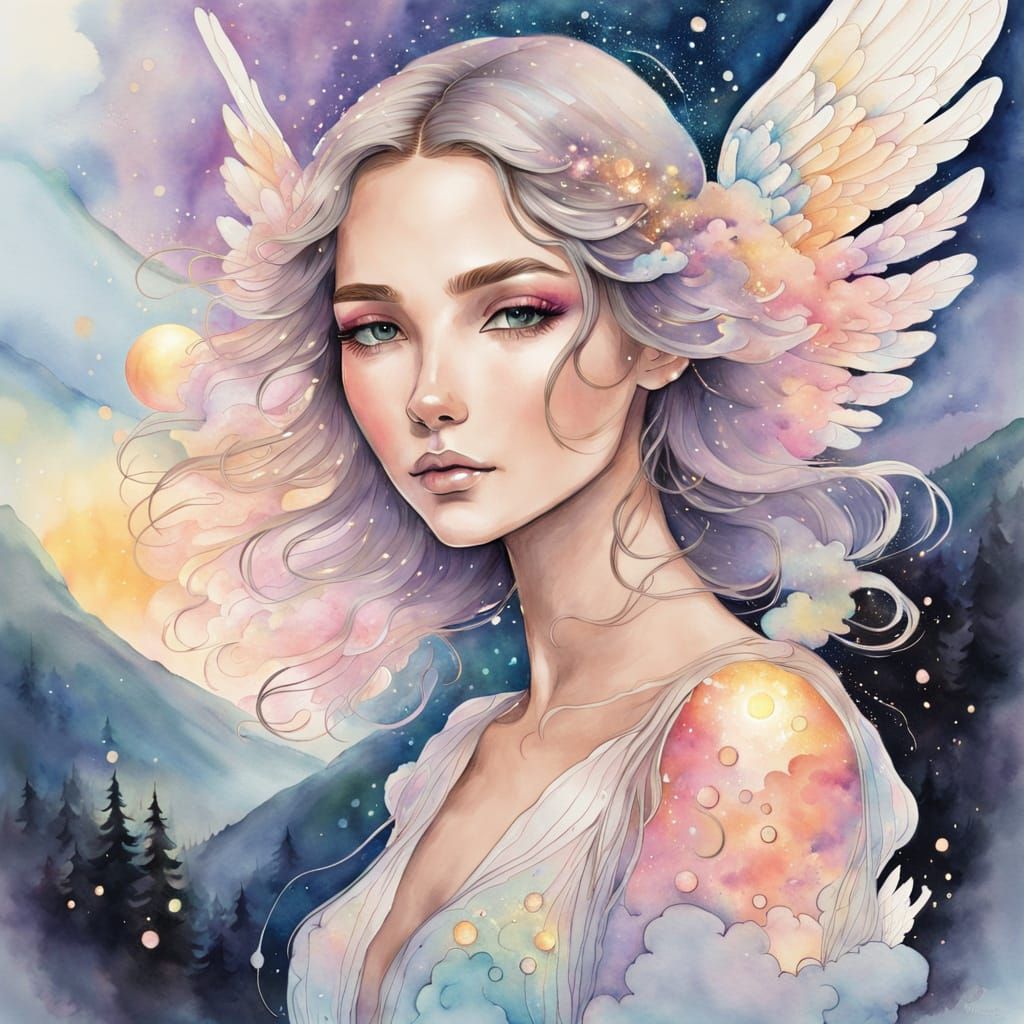 Ethereal Angel Descends in Watercolor Dreamscape