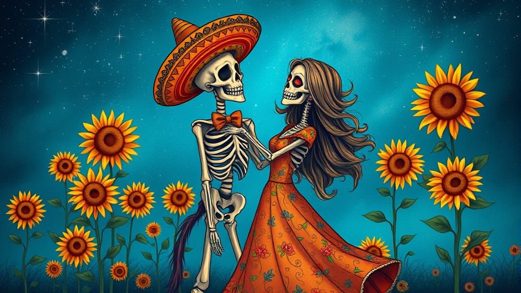 Gothic Skeleton Couple Dances Under Starry Night Sky