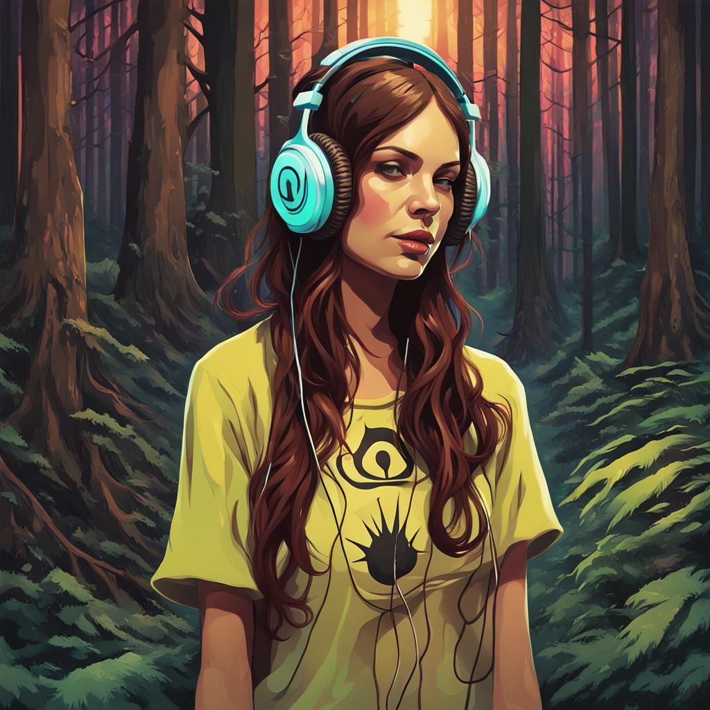 DJ Girl Plays Psychedelic Music in Forest