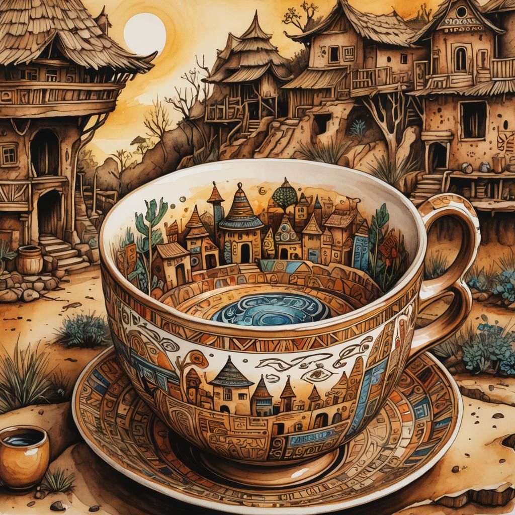 African Village Teacup: Pen, Ink, and Watercolor Art
