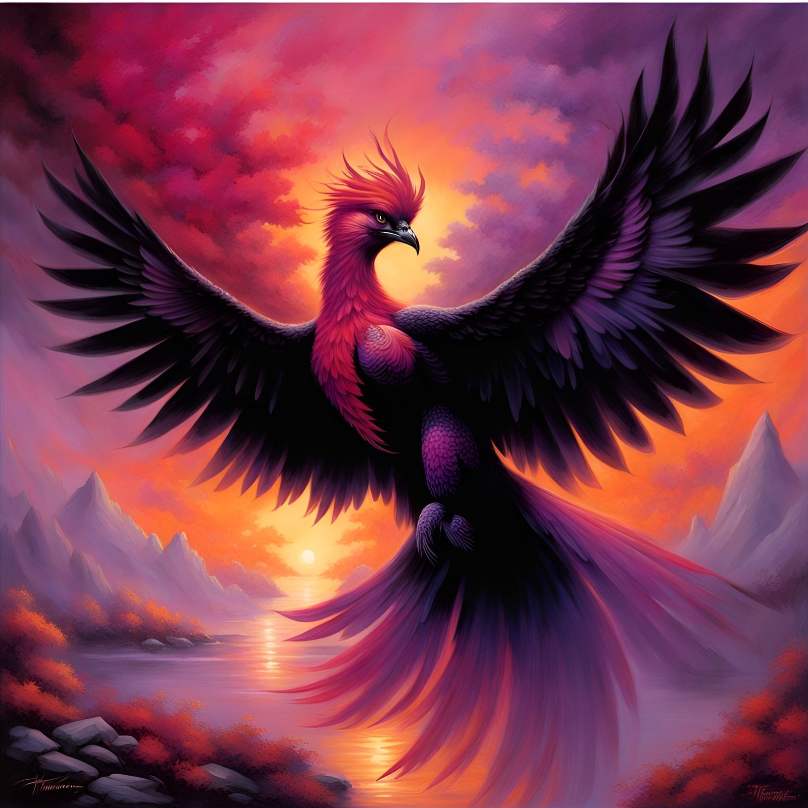 Fiery phoenix with feathers that blaze in hues of black,  magenta pink gold, and deep purple
