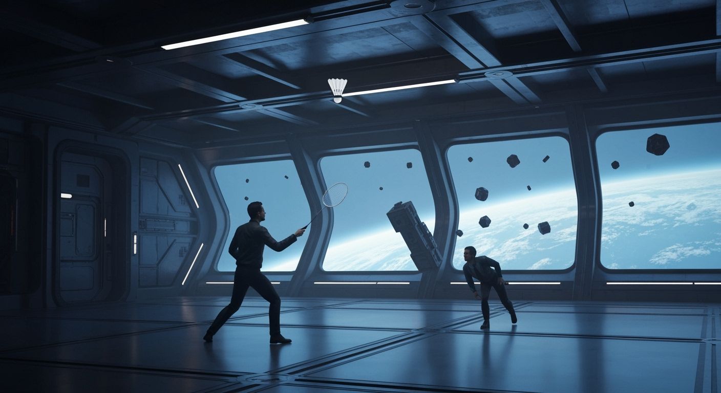 Zero-G Badminton on Orbital MIB Station Above Earth