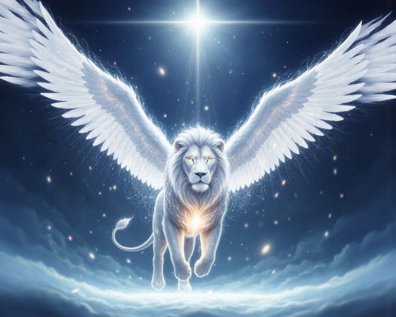 Winged White Lion Soaring in Cosmic Fantasy