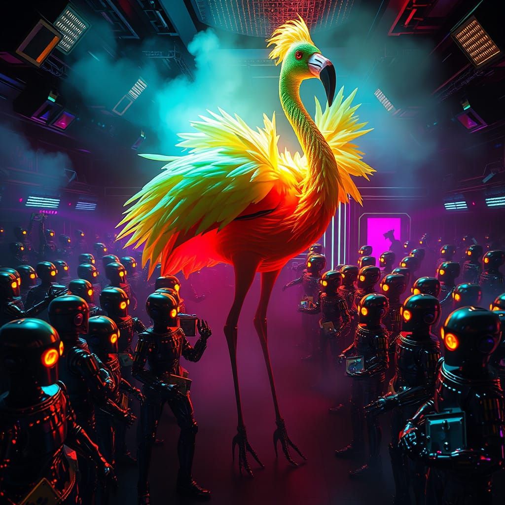 Robots Dance Under Flamingo Inferno in Neon Nightclub