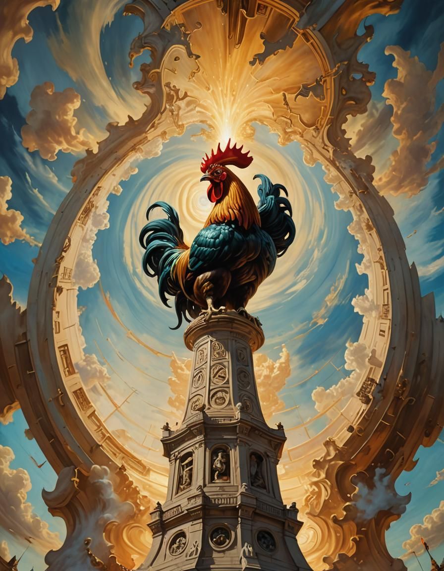 Surreal Vortex Inside Rooster Obelisk in Dali Style