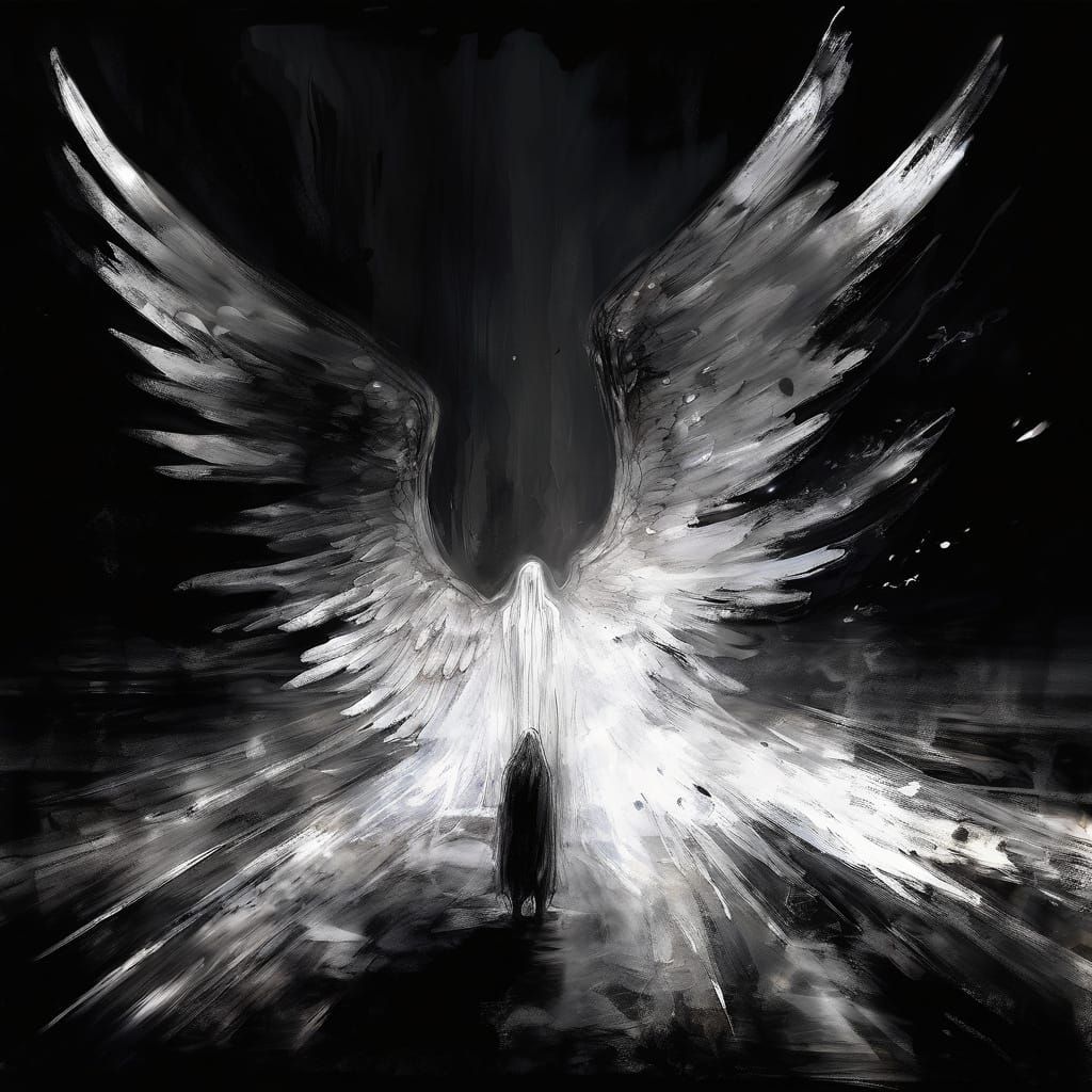 Winged Figure Guiding Souls in Impressionistic Liquid Art