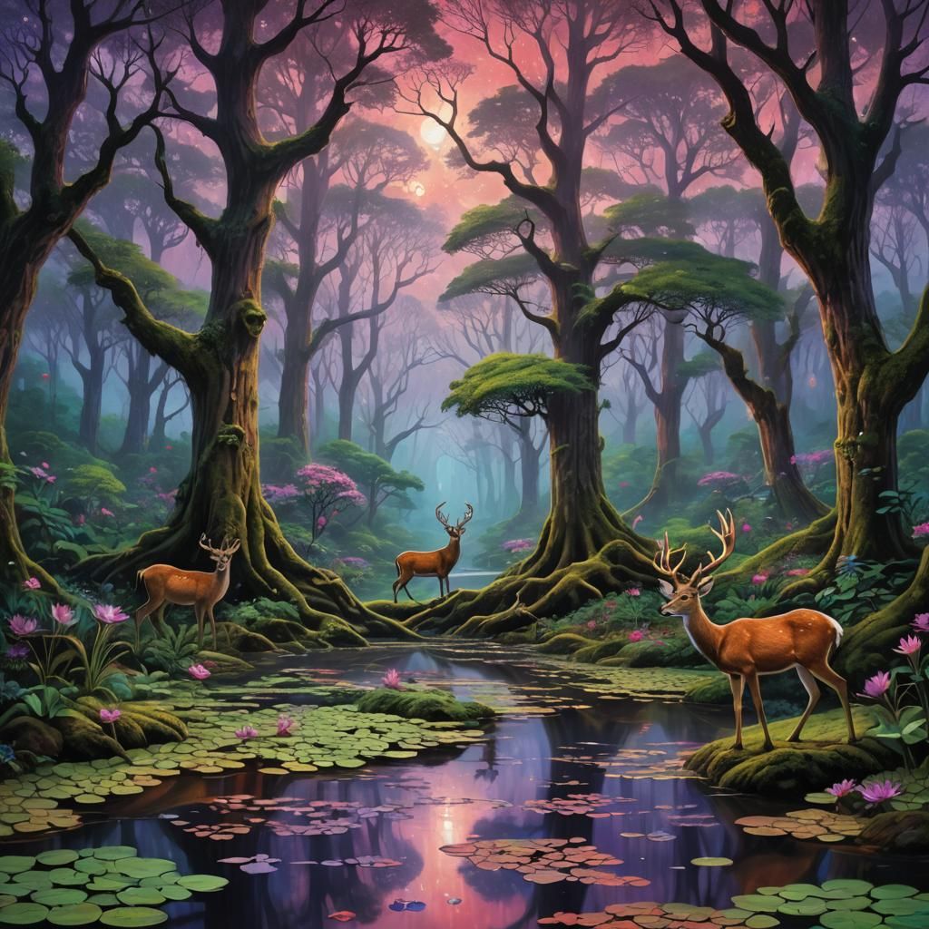 Primeval Forest Under Fiery Sky, Digital Art