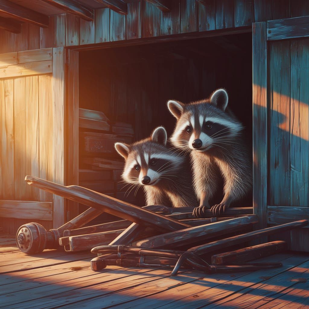 Fantastical Raccoons in Whimsical Garage Scene