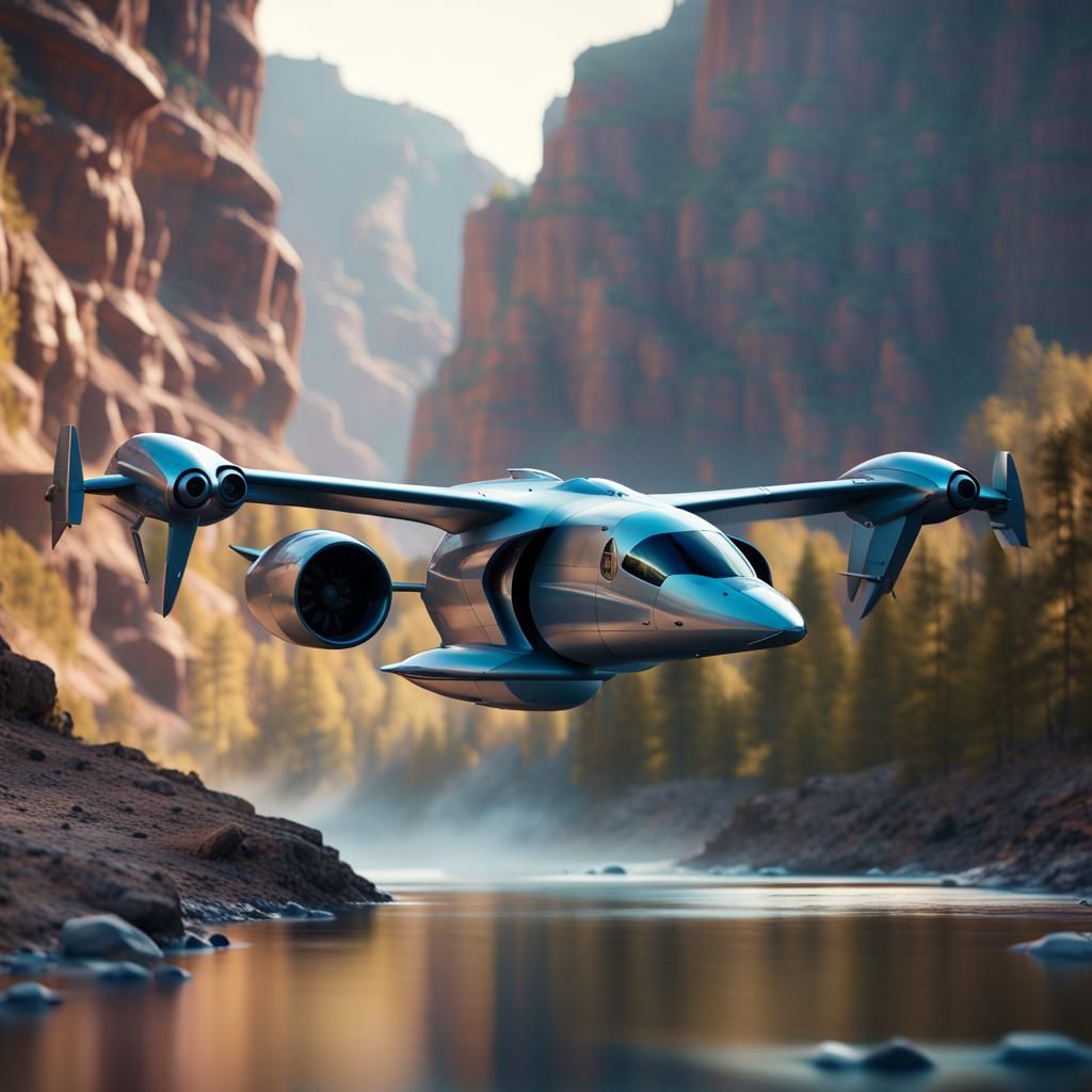 Futuristic VTOL Aircraft Landing by Canyon Stream