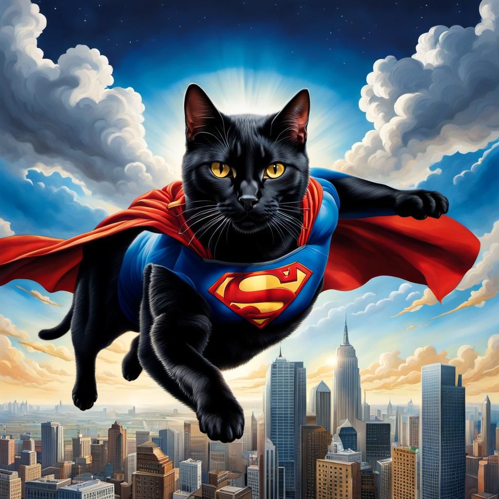 Hyper-Realistic Superman Cat Soaring Through the Sky