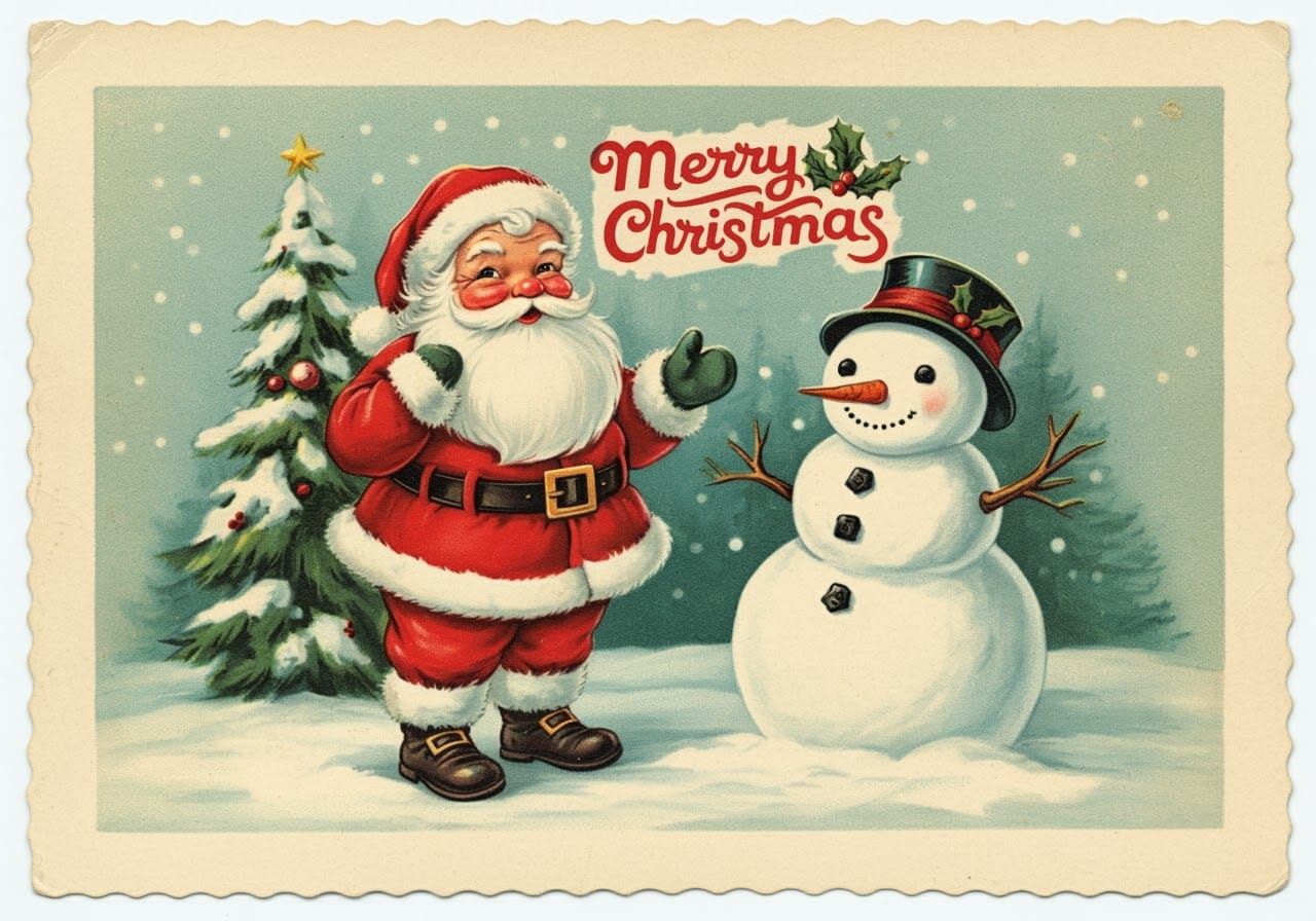 Vintage Christmas Postcard with Santa and Snowman