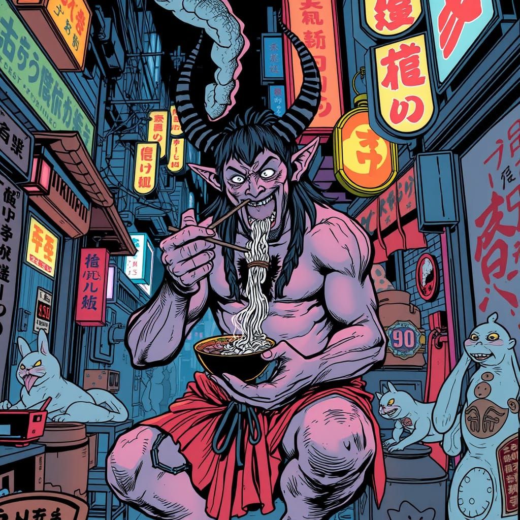 “A traditional Japanese troll (oni) eating udon in a bustling Tokyo alley, blending folklore with modern life; illustrat...
