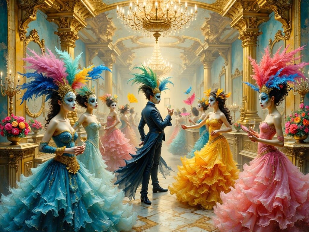 Opulent Rococo Ballroom Masquerade: Hyperdetailed Illustrati...