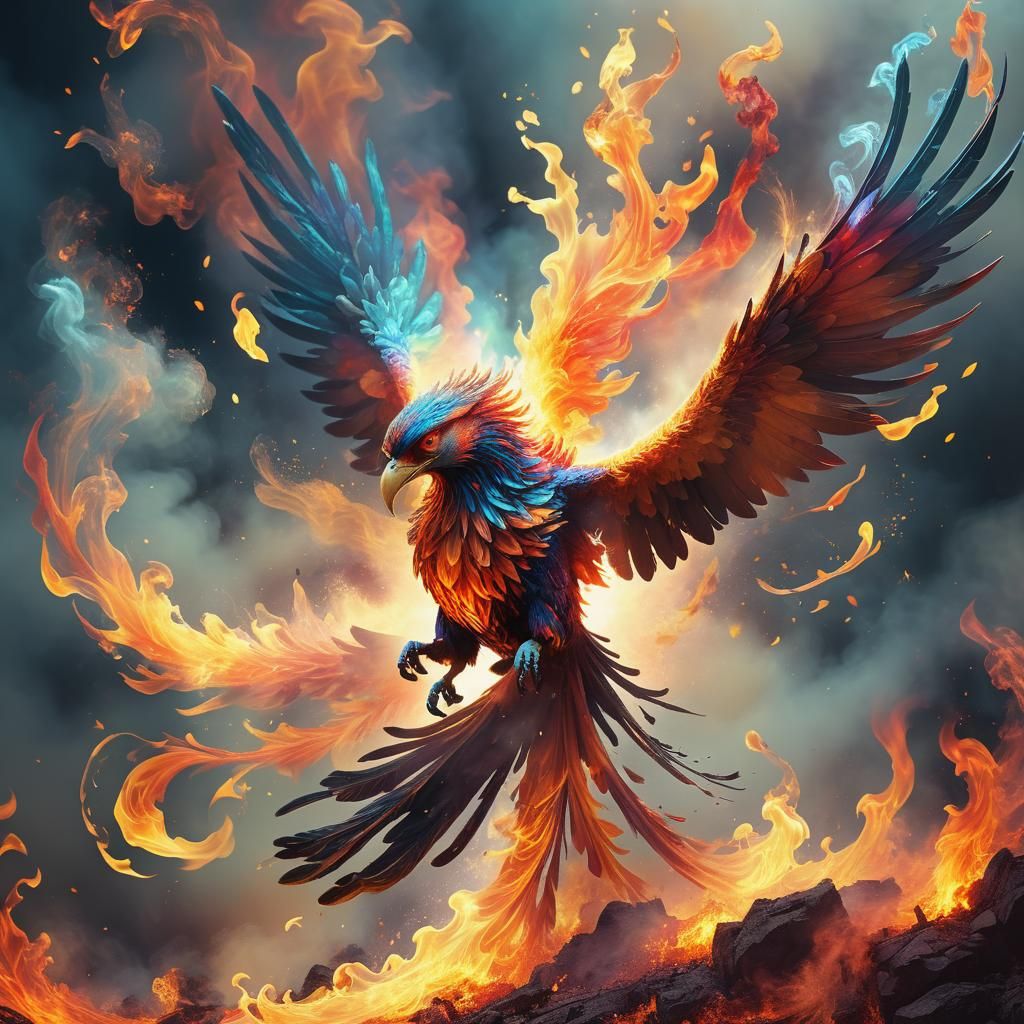 Fiery Phoenix Ascending: Glitch Art Fantasy