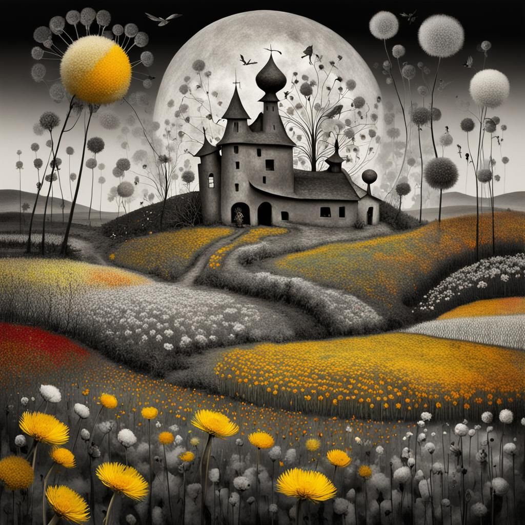 Surreal Fairy Farm in Dreamscape, Grayscale Art