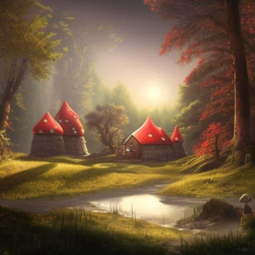 Gothic Mushroom Village in Spring Sunlight