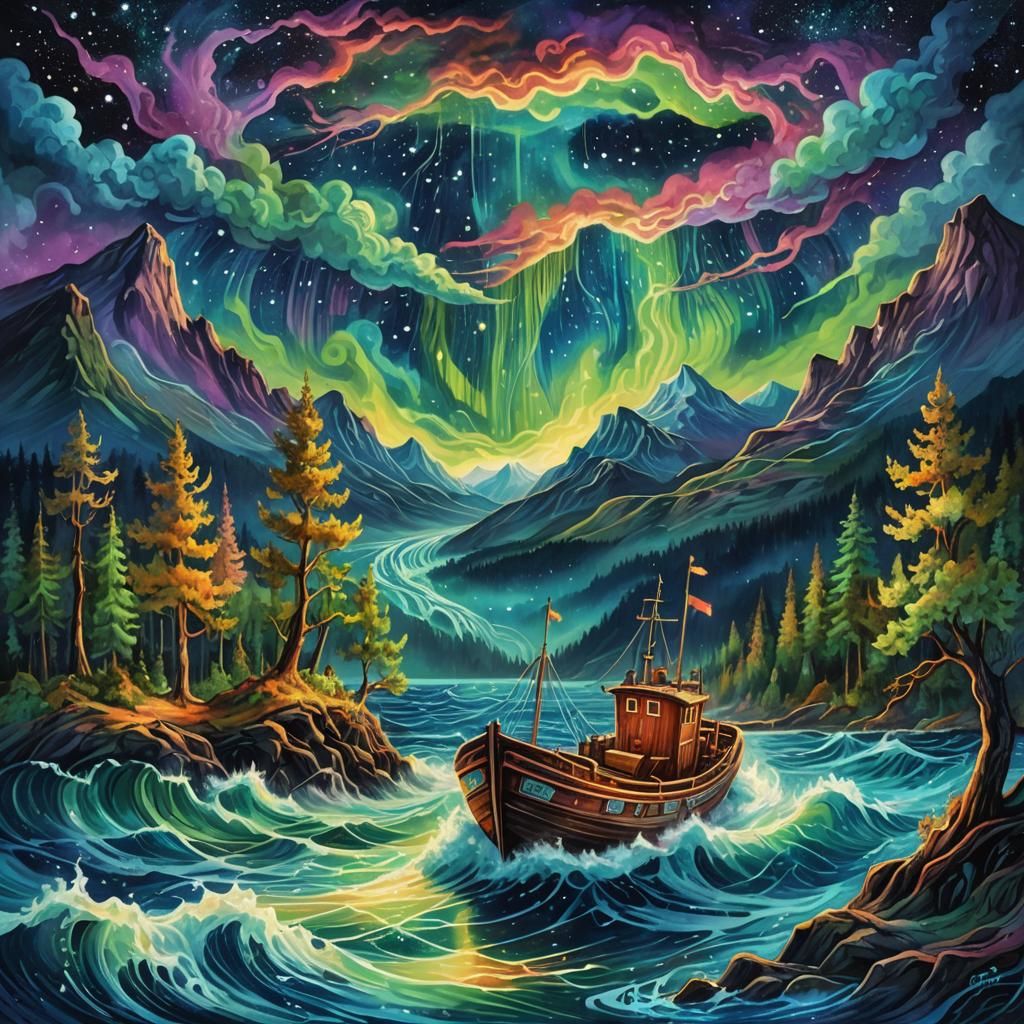 Cosmic Fishing Boat in Stormy Sea, Surreal Illustration