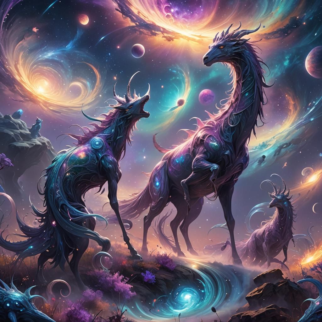 Celestial Creatures Graze in Ethereal Light Fields