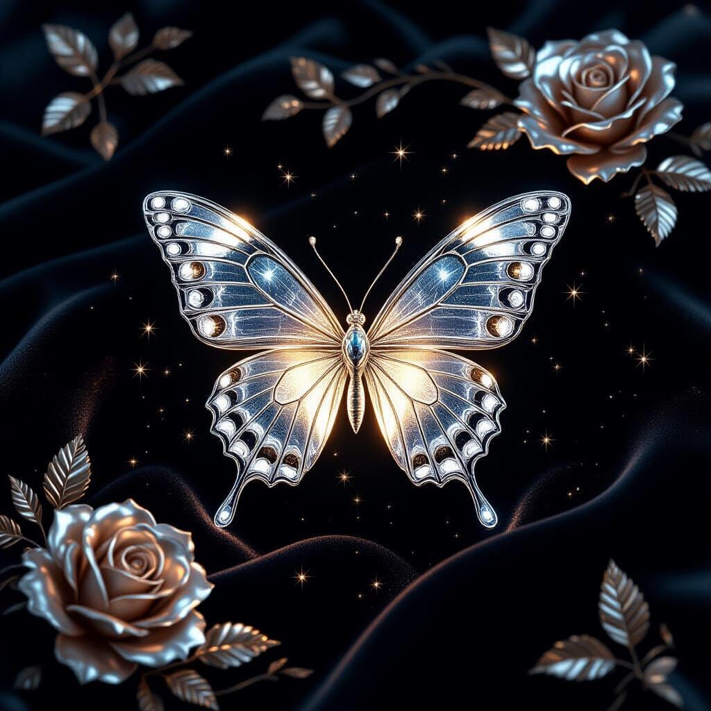 Crystallized Butterflies Dance in Silver and Gold Mist