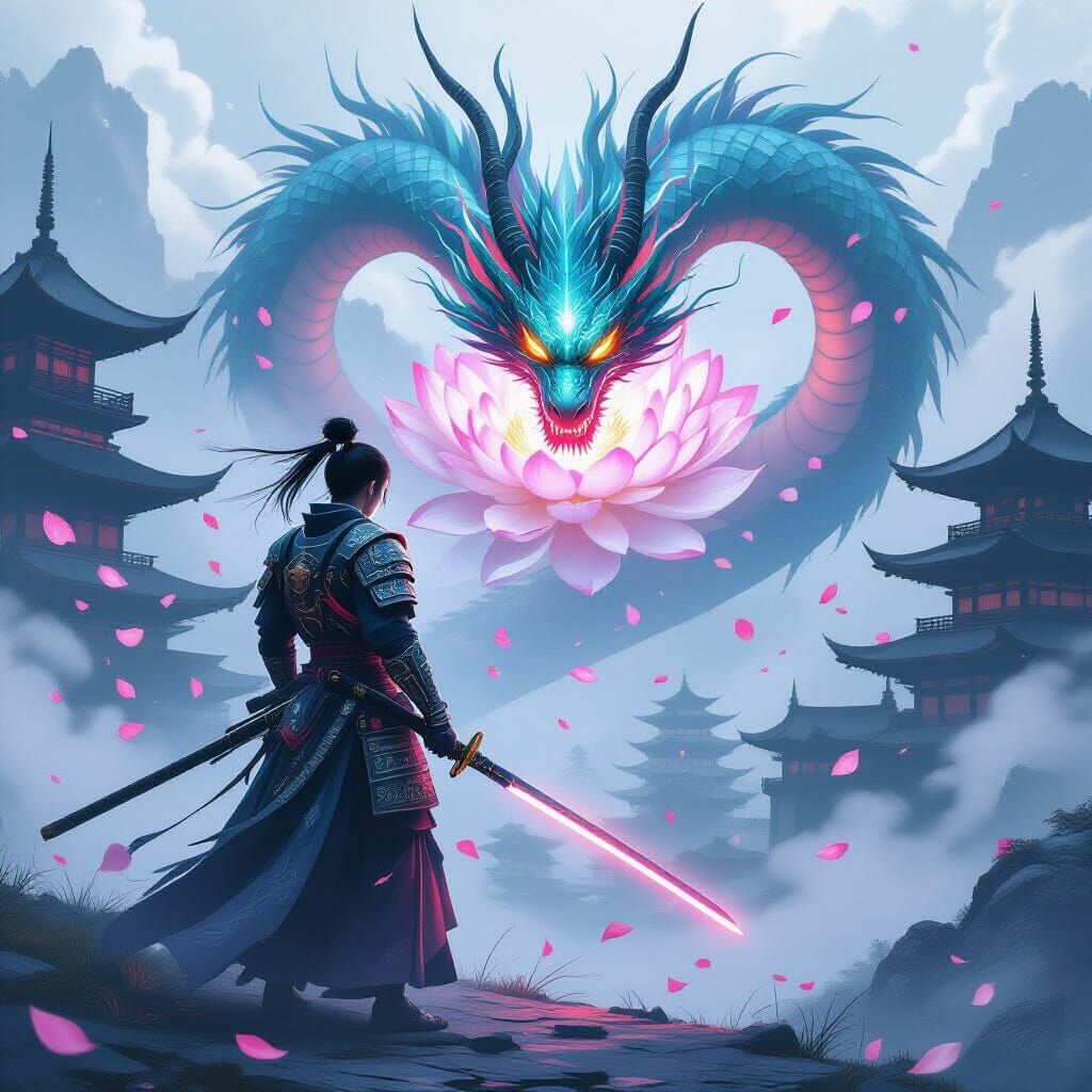 Cybernetic Samurai and Dragon in Feudal Japan