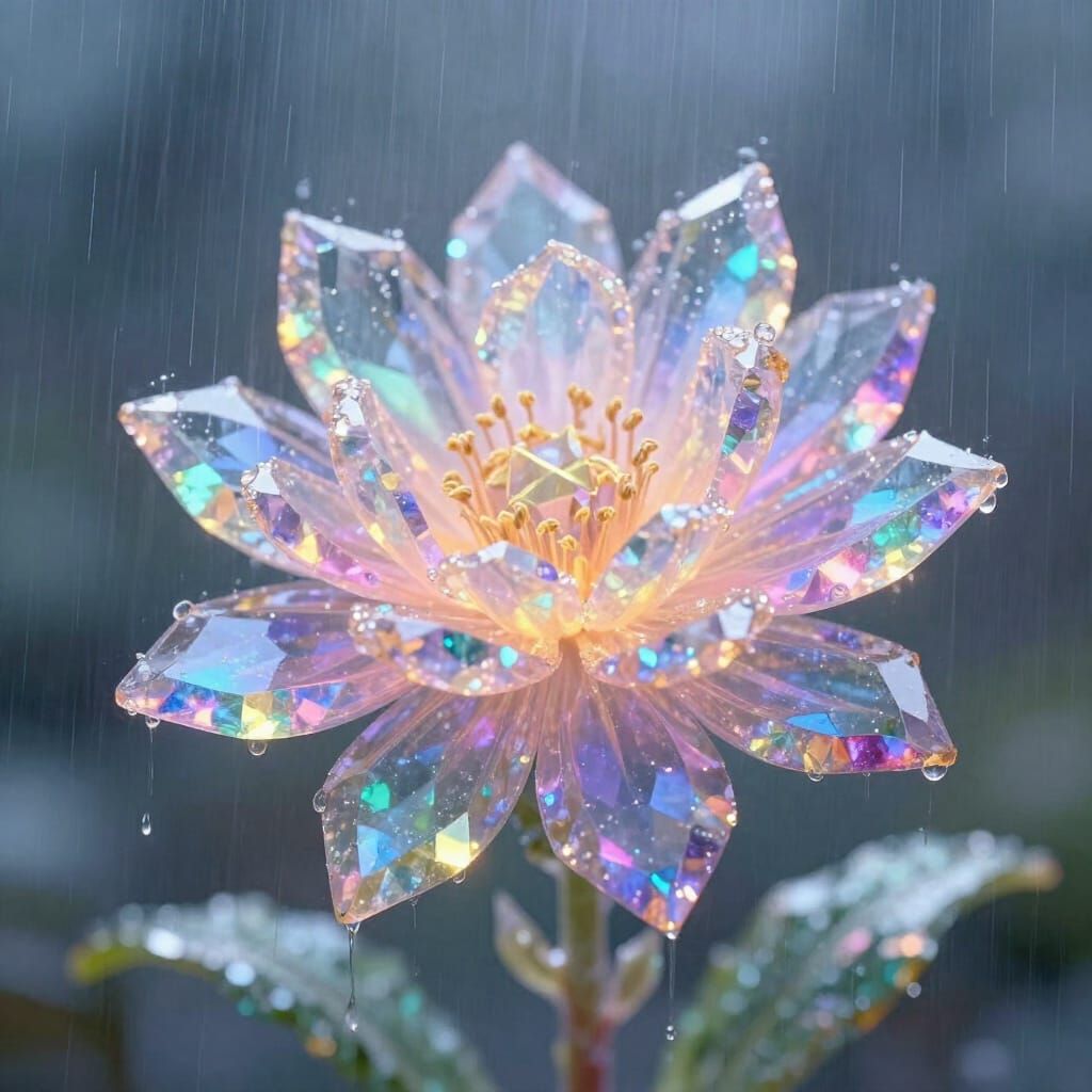 Rainbow Crystal Flower Glowing in Gentle Rain Shower